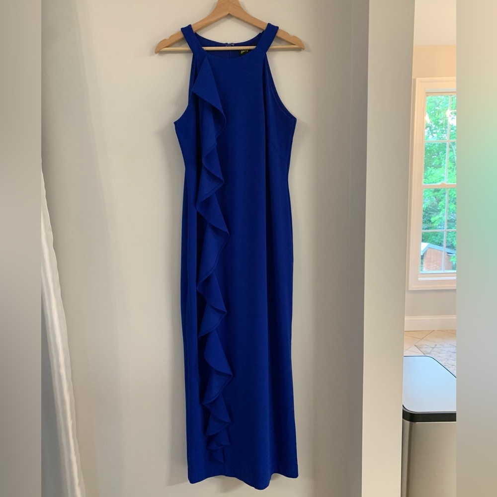 Blue Halter Sheath Maxi Dress for Weddings Events Size 12-14